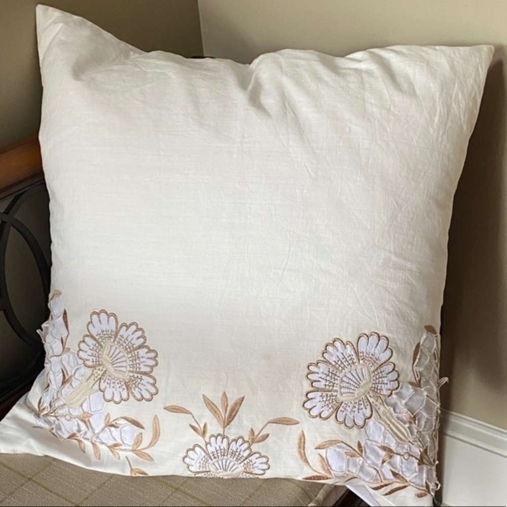 Anthropologie White Gold  Embroidered Euro Sham